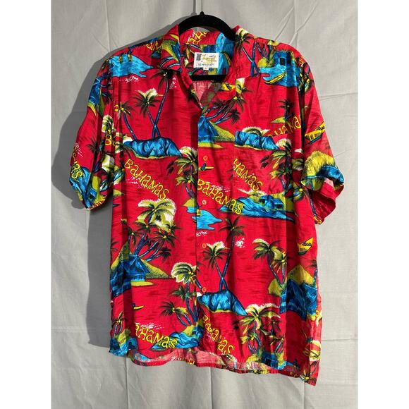 Vintage Bahamas Shirt Mens XL Red Hawaiian Spell Out Palm Trees Button Tropical - Picture 1 of 8